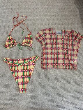 RESA Yellow Red Green Plaid Womens Swim Bikini Set with Cover-Up